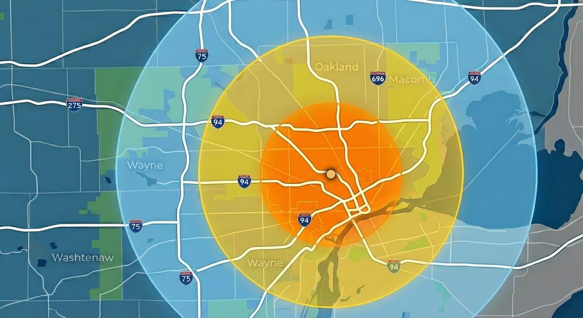 Metro Detroit service area map showing ~45 minute radius from Downtown Detroit